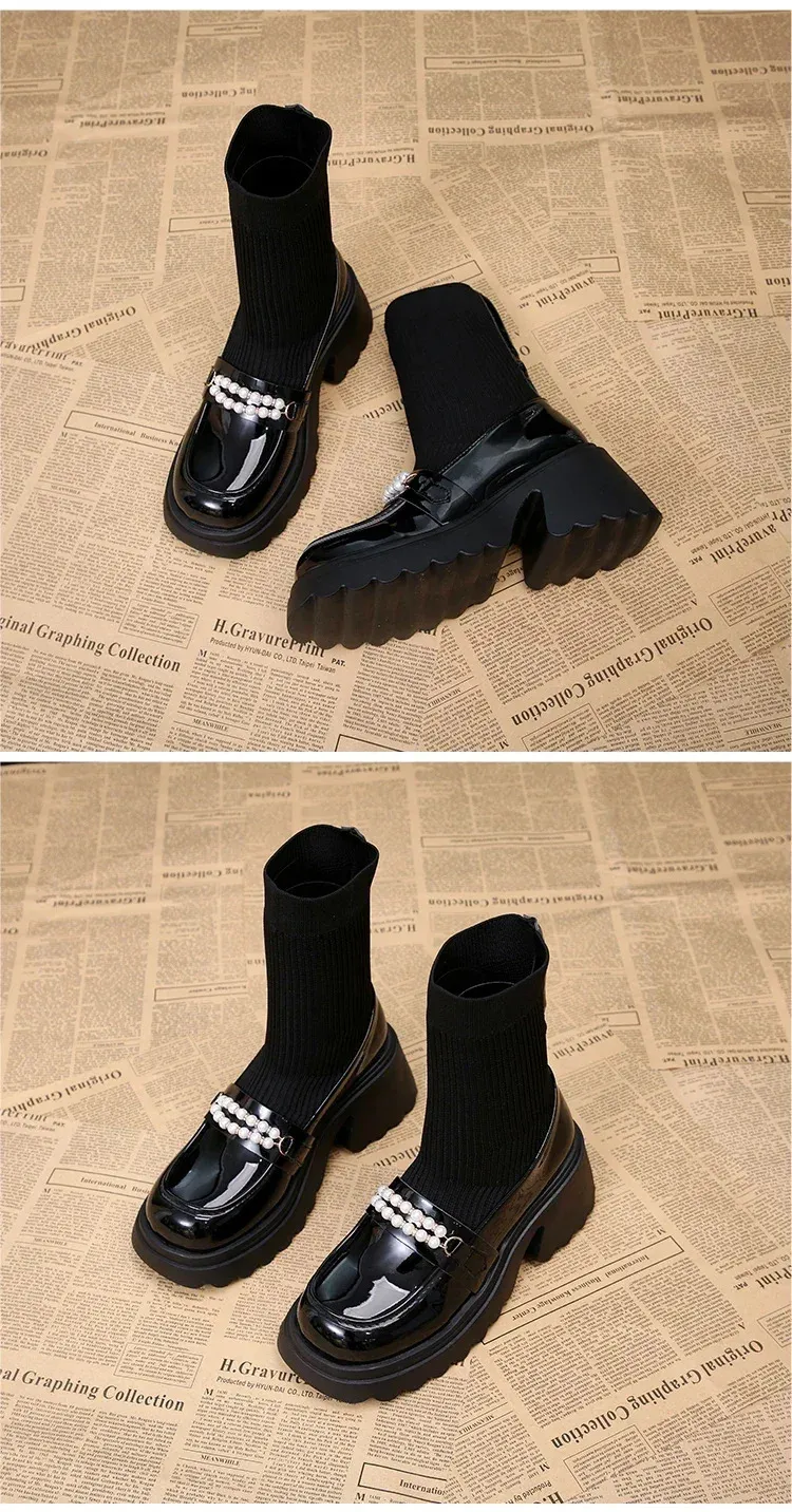 Platåstickade snöstövlar för kvinnor med höga klackar, pärlstövlar i läder, ankelskor 2025, trendiga vinterpumps med strumpor._voghion.com