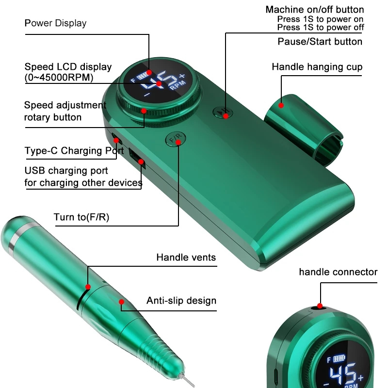 Perceuse à ongles électrique 45000 tr/min Ponceuse à ongles rechargeable Affichage LED Ensemble de dissolvant de gel Équipement de polissage de salon de manucure portable_voghion.com