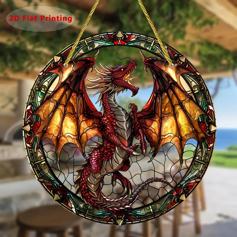Lebendiger Drachen-Sonnenfänger – rundes Acrylbild, 20 cm. Mythisches Dekor für Garten oder Zuhause, perfekt als unvergessliches Geschenk für Fantasy-Liebhaber._voghion.com