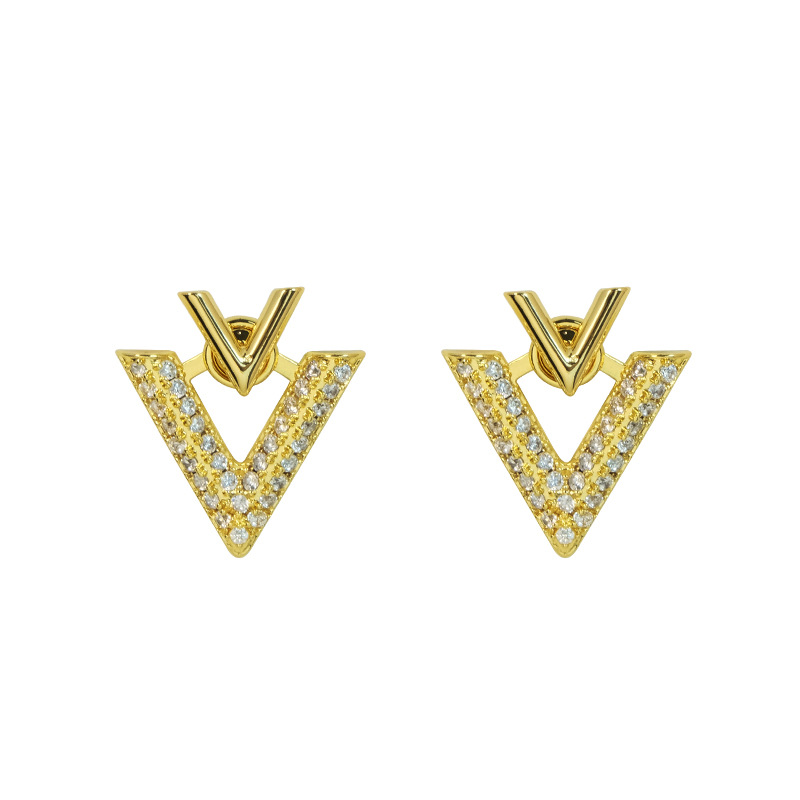 Orecchini a due pezzi in stile coreano, triangolo geometrico alla moda francese, davanti e dietro, orecchini in zirconi micro-incrostati, piccoli e raffinati orecchini a V_voghion.com