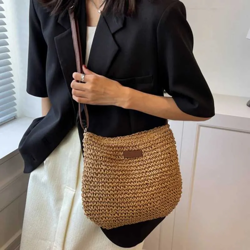Sac à bandoulière tissé en paille pour l'été, sac à main de grande capacité pour les vacances à la plage, le shopping, les messages_voghion.com