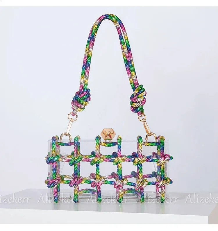 Bolsos de mano de noche con caja de acrílico transparente Dia para mujer, bolsos de mano y carteras de mano con cuerda anudada tejida, para bodas y fiestas_voghion.com