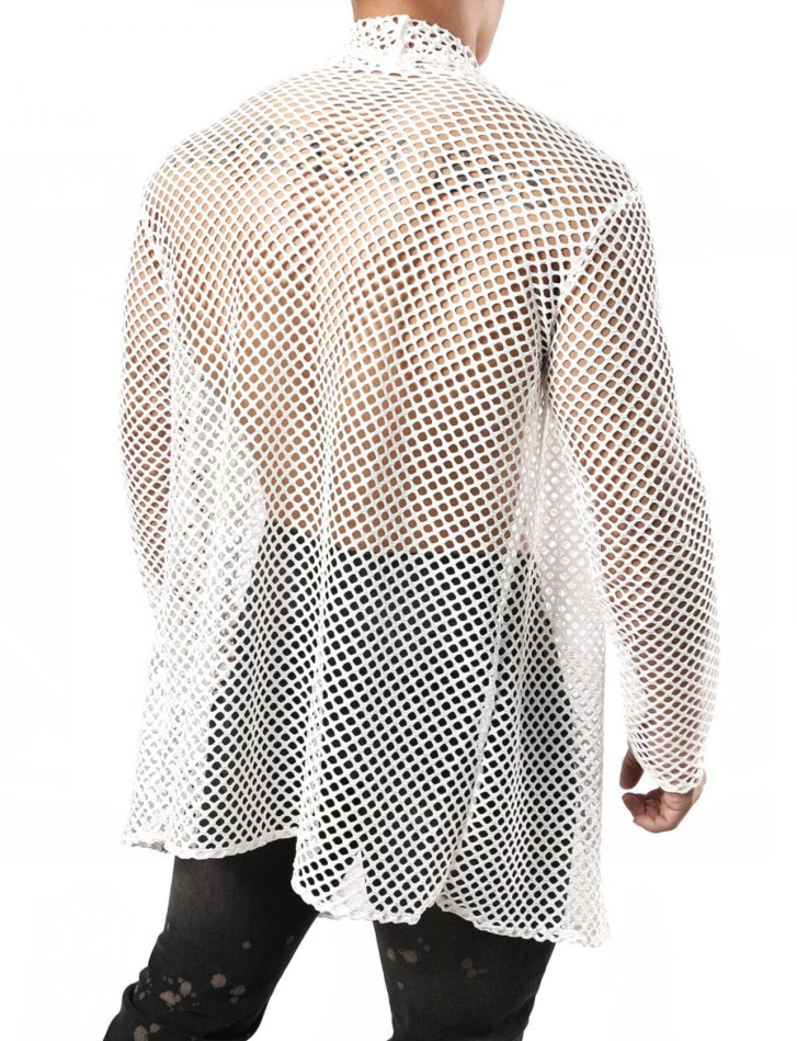 Herren-Übergröße, Schalkragen, Cut-Out, lange Strickjacke, Netzstoff, durchsichtig, Langarmshirt_voghion.com