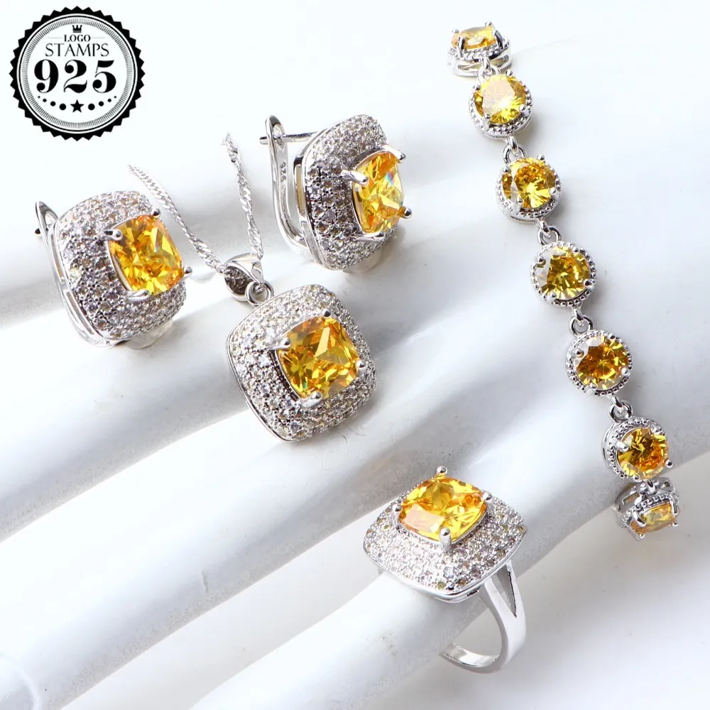 Kostüm-Sets Gelb Zirkonia Sier Schmuck Ohrringe Für Frauen Ehering Halskette Anhänger Set Geschenke Box CX200623_voghion.com