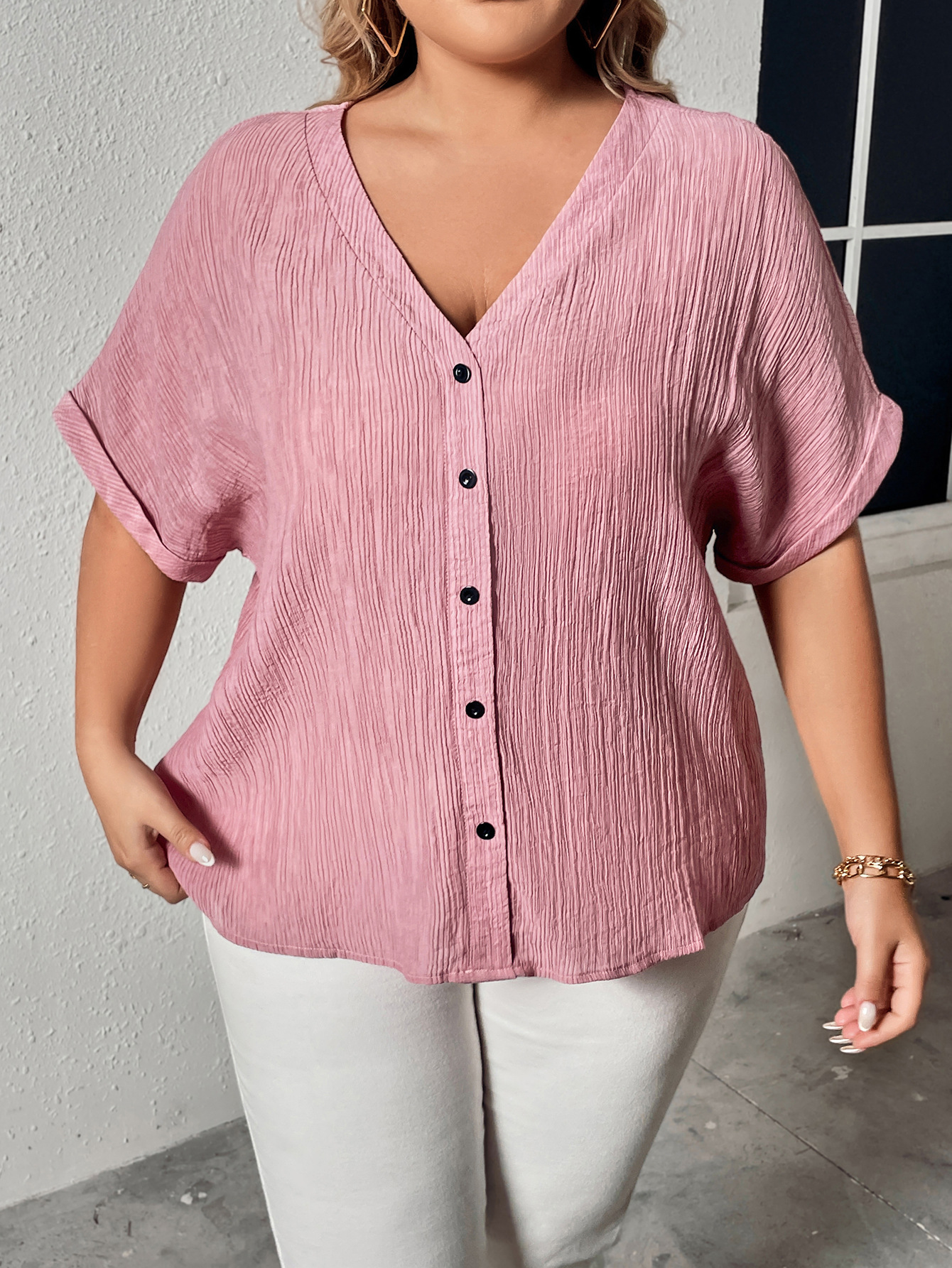 Women's linen v-neck button loose slim short-sleeved shirt tops for women_voghion.com