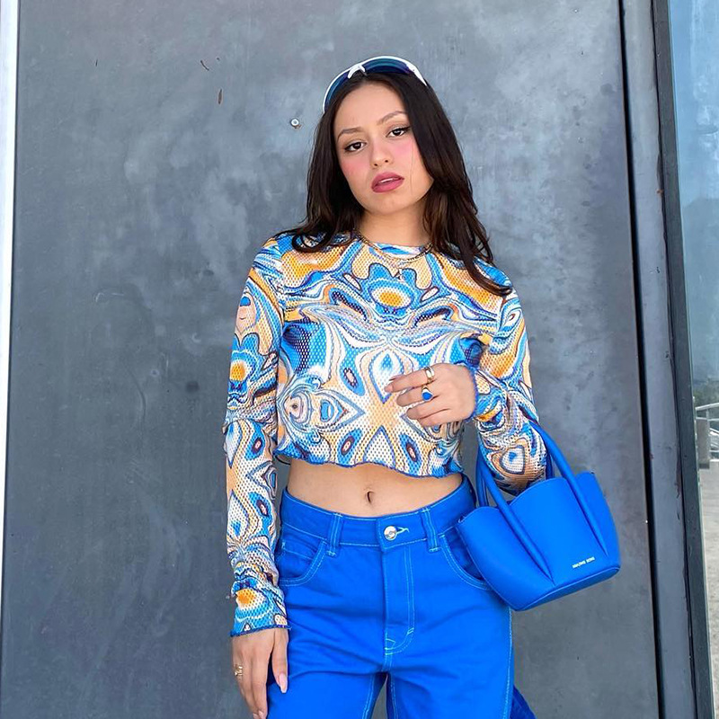 D22TP354 Autunno Nuovo 2024 Girocollo Maglione Manica Lunga Maglia Stampata Ombelico Aperto Top T-shirt Donna_voghion.com