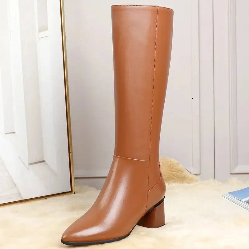 Winter Long Shoes Woman For Knee High Shaft Footwear Leather Womens Boots Fur Brown Pointed Toe Chic And Elegant Fashion_voghion.com