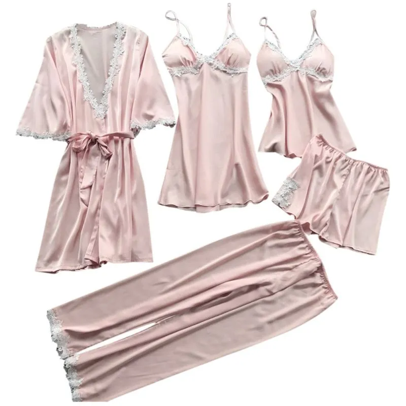Ensemble de pyjama d'été en soie 5 pièces pour femmes, grande taille, avec bordure en dentelle florale au crochet, vêtements de nuit, couleur unie, nuisette_voghion.com