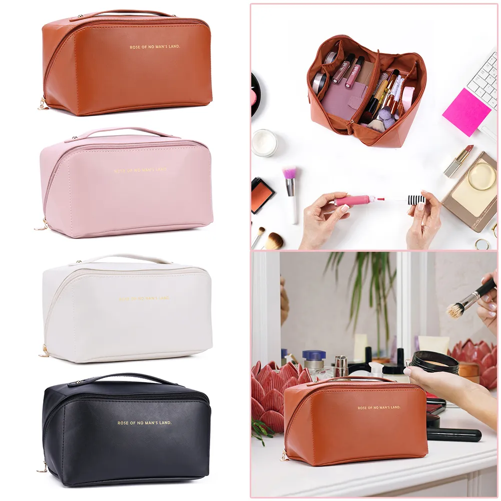 Trousse de maquillage en cuir pour femmes, grande capacité, organiseur de rangement pour pinceaux, idéal pour les voyages._voghion.com