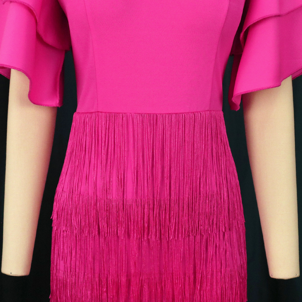 Vêtements pour femmes Jupe à pompons rose rouge Manches à volants Col en V sexy Grande taille 4XL Robe de soirée_voghion.com