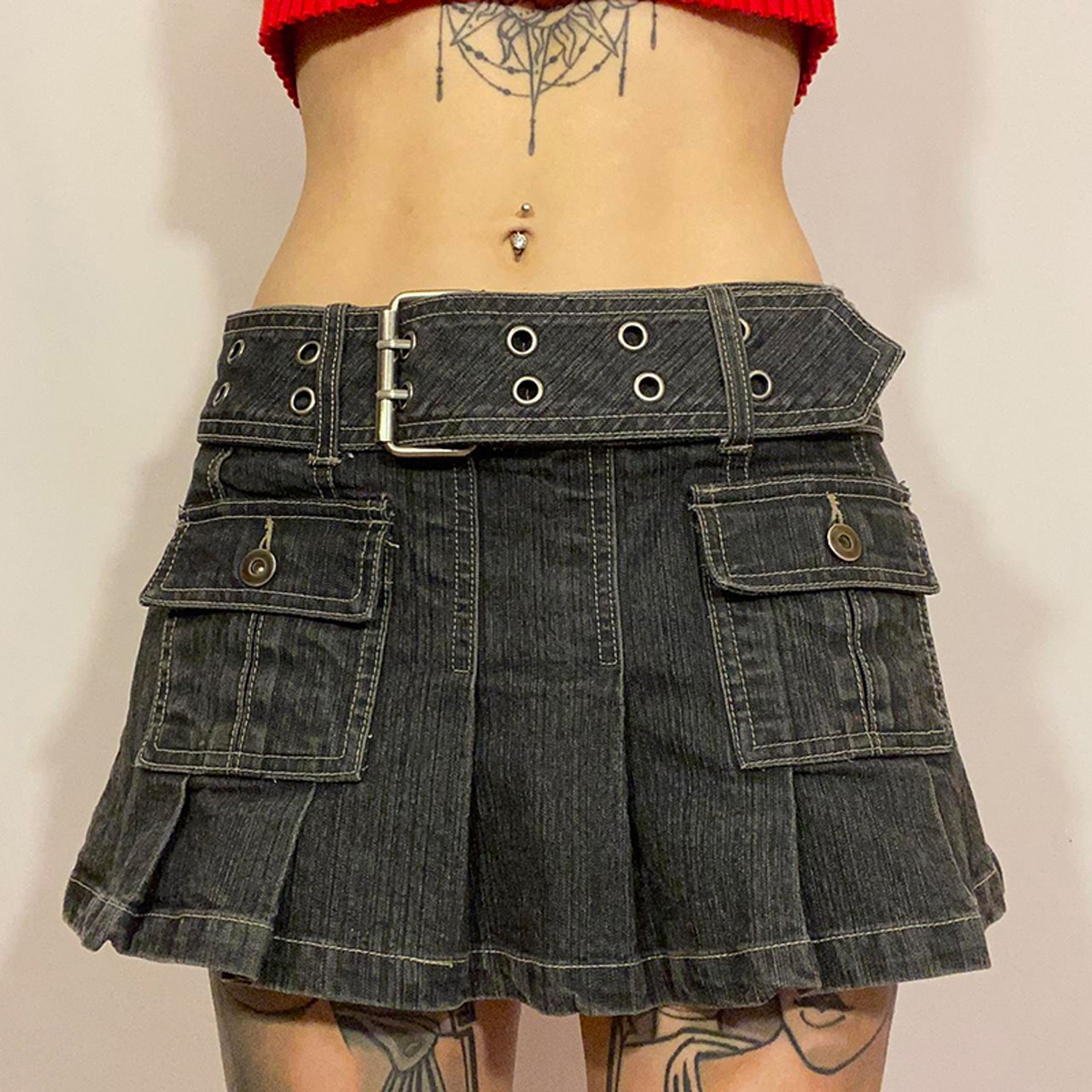 Neuer halblanger Damenrock, jugendlicher und sexy plissierter elastischer Jeansrock_voghion.com