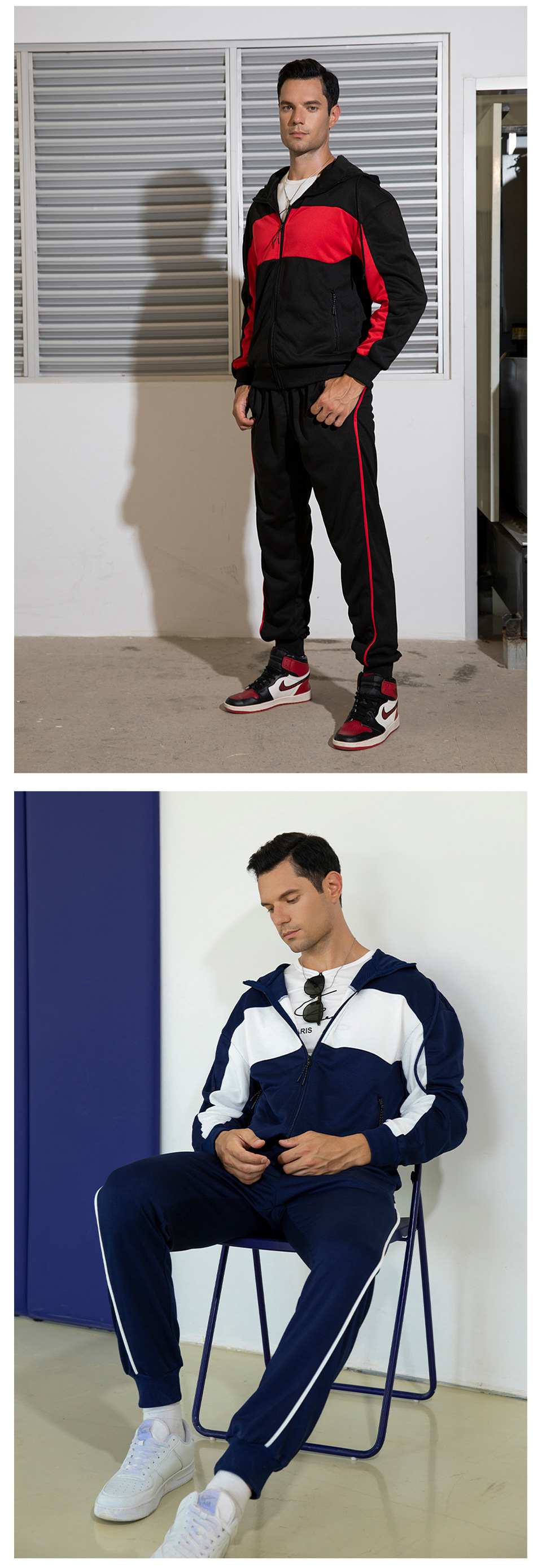 Lässiges zweiteiliges Set für Herren mit Farbkontrast, Strickjacke und Kapuze, Trainingsanzug in Übergröße_voghion.com