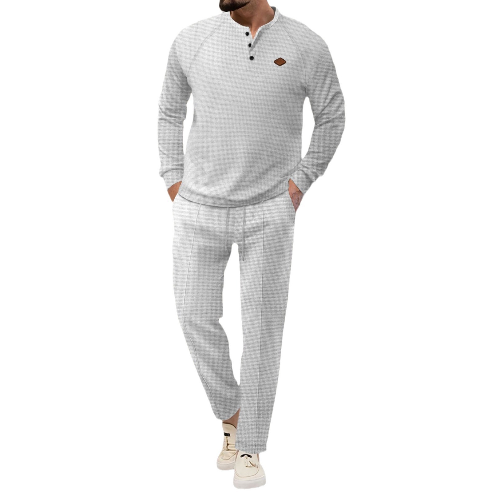 2024 Spring and Autumn New Men's Solid Color Waffler Henley Long sleeved Pants Set_voghion.com