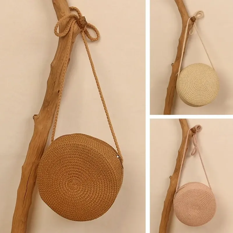 Runde Umhängetasche Stroh für Damen, gewebte Strandtasche aus Rattan, handgefertigt, gestrickt, kleine Handtasche in_voghion.com