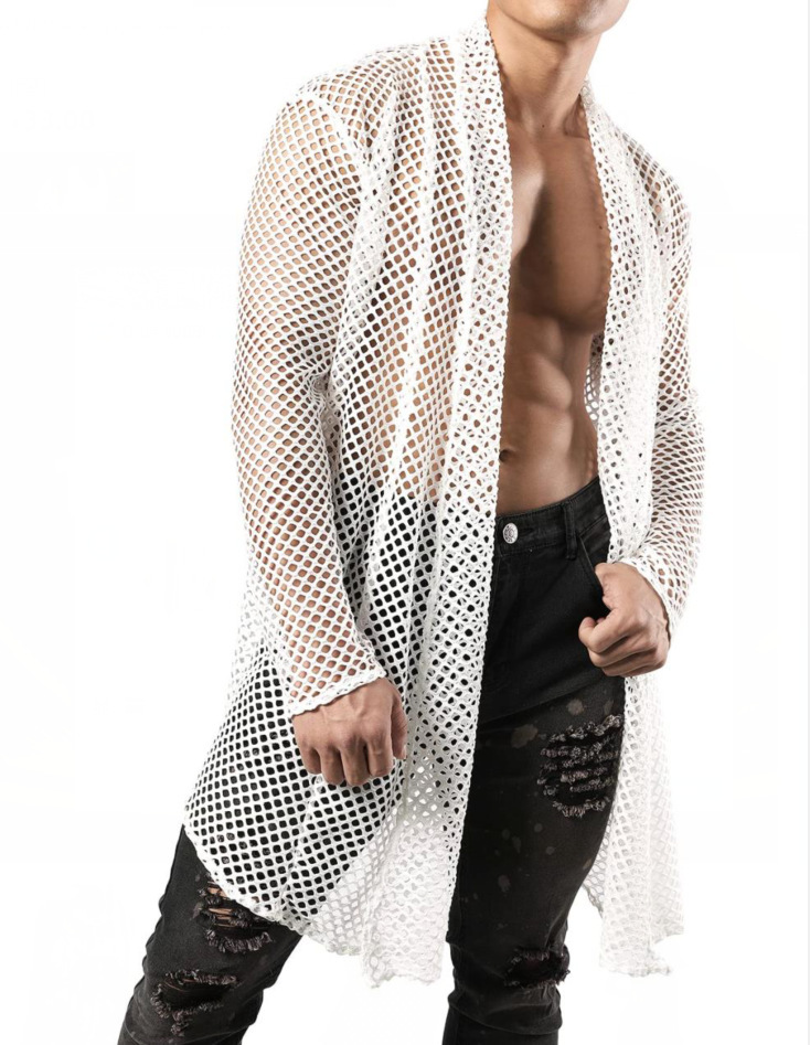 Herren-Übergröße, Schalkragen, Cut-Out, lange Strickjacke, Netzstoff, durchsichtig, Langarmshirt_voghion.com
