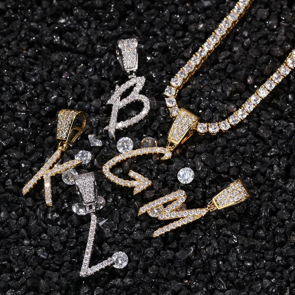 New Fashion personalized Gold Bling Diamond Cursive A-Z Initial Letters Custom Name Pendant Necklace DIY Letter Jewelry_voghion.com
