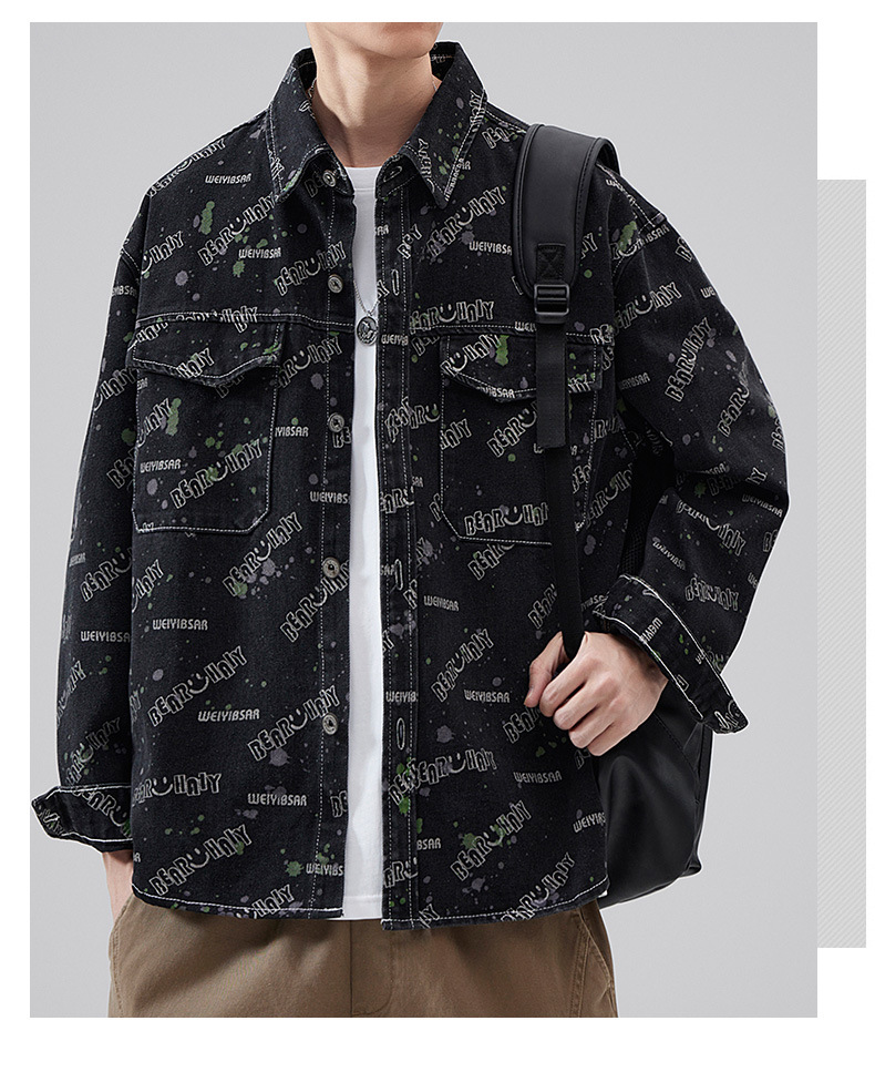 Men's new denim shirt trendy brand loose and casual American retro loose style floral pure cotton Japanese cardigan printed shirt jacket_voghion.com