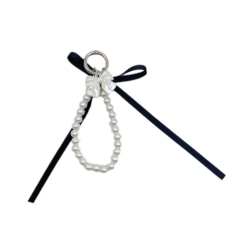 Portachiavi con fiocco in nastro, perline e perle, bianco latte, con nodo a farfalla, ciondolo per borsa da bambina, ciondoli per zaino, decorazioni e regali._voghion.com