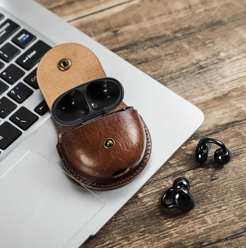 Étui Bluetooth en cuir de vache Freeclip pour Huawei, étui pour écouteurs à crochet à rabat en cuir crème d'arbre_voghion.com