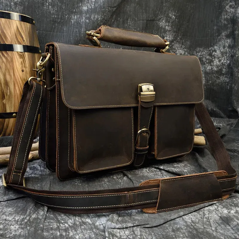 Moda 100% genuino uomo cartella in pelle di mucca laptop vintage spalla vera pelle di mucca borsa per computer 15.6 240815_voghion.com