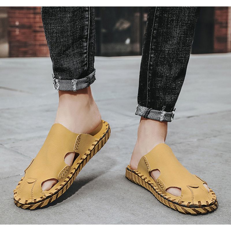 Baotou Herren Sommer Strandsandalen Leder rutschfeste Slipper Fauler Mann ohne Absatz Halbschuhe_voghion.com