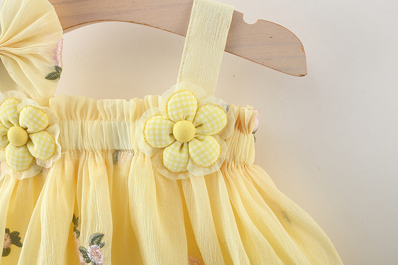 Babymeisje zomer chiffon jurk bloem geborduurd gele jurk Koreaanse stijl kinderkleding_voghion.com