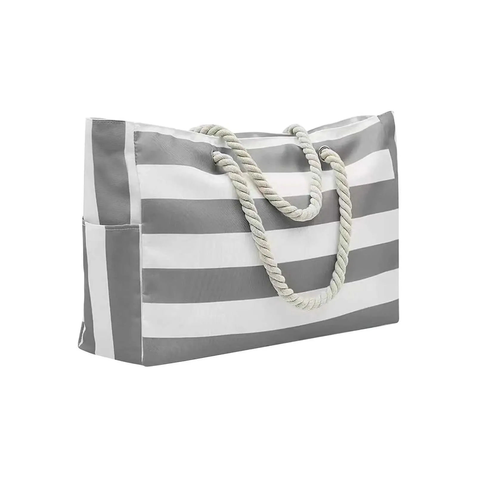 Striped Zipper Double Outer Canvas Polyester Beach Bag For Outdoor Travel Seaside Vacation Large Capacity Bolsos De_voghion.com
