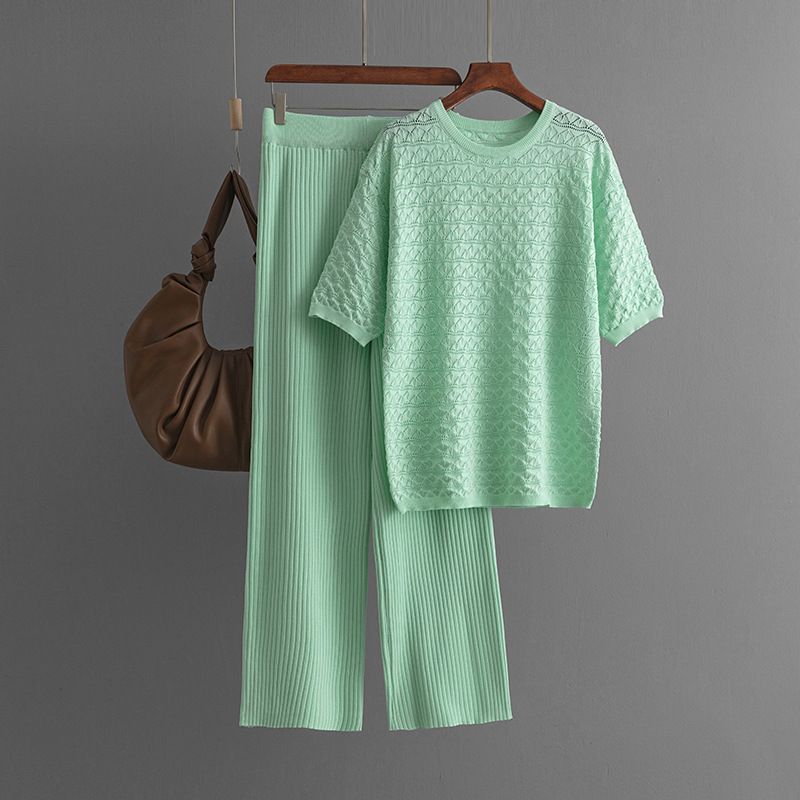 Pantaloni da donna nuovi, tinta unita, casual, scollo rotondo, alla moda, a maniche corte, in maglia, due pezzi_voghion.com