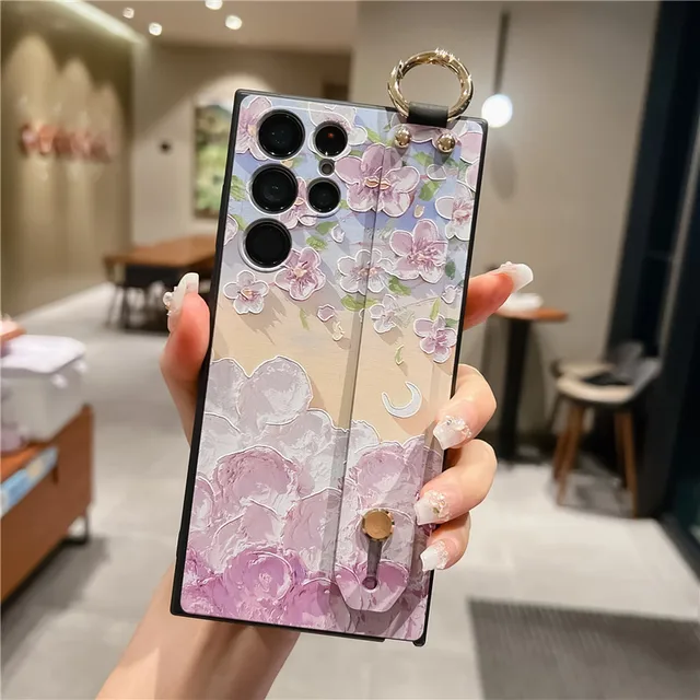 Til Samsung S23 S22 Ultra S21 FE S20 Note 20 10 Lite A34 24 14 A54 23 13 33 A53 73 Etui Lyserød Blomst Telefonholder_voghion.com