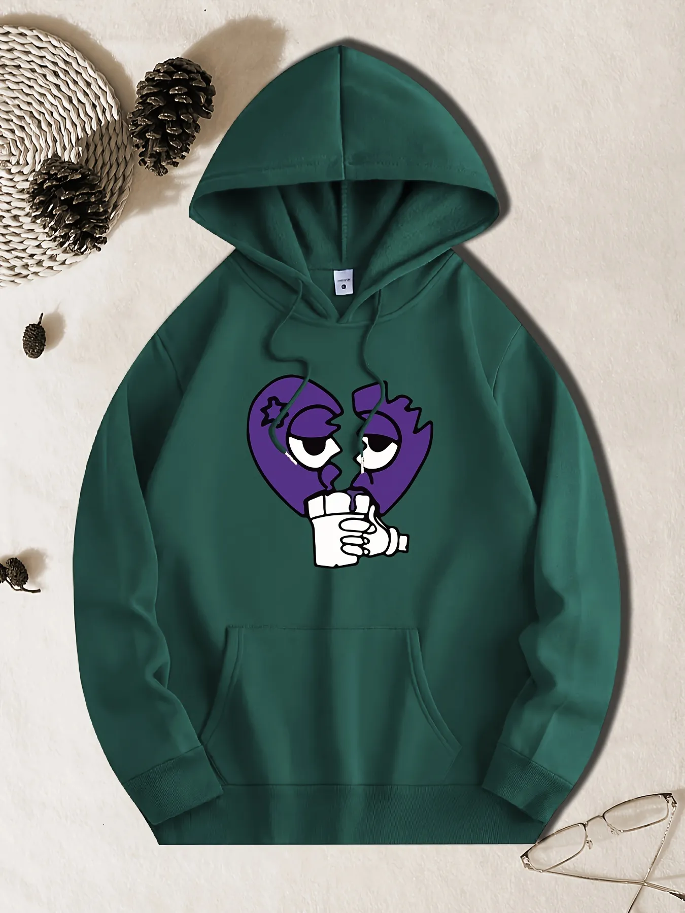 Gebrochenes Herz-Muster-Druck, Herrenpullover mit Rundhalsausschnitt und Tasche, langärmeliges Kapuzenpullover, locker lässig_voghion.com