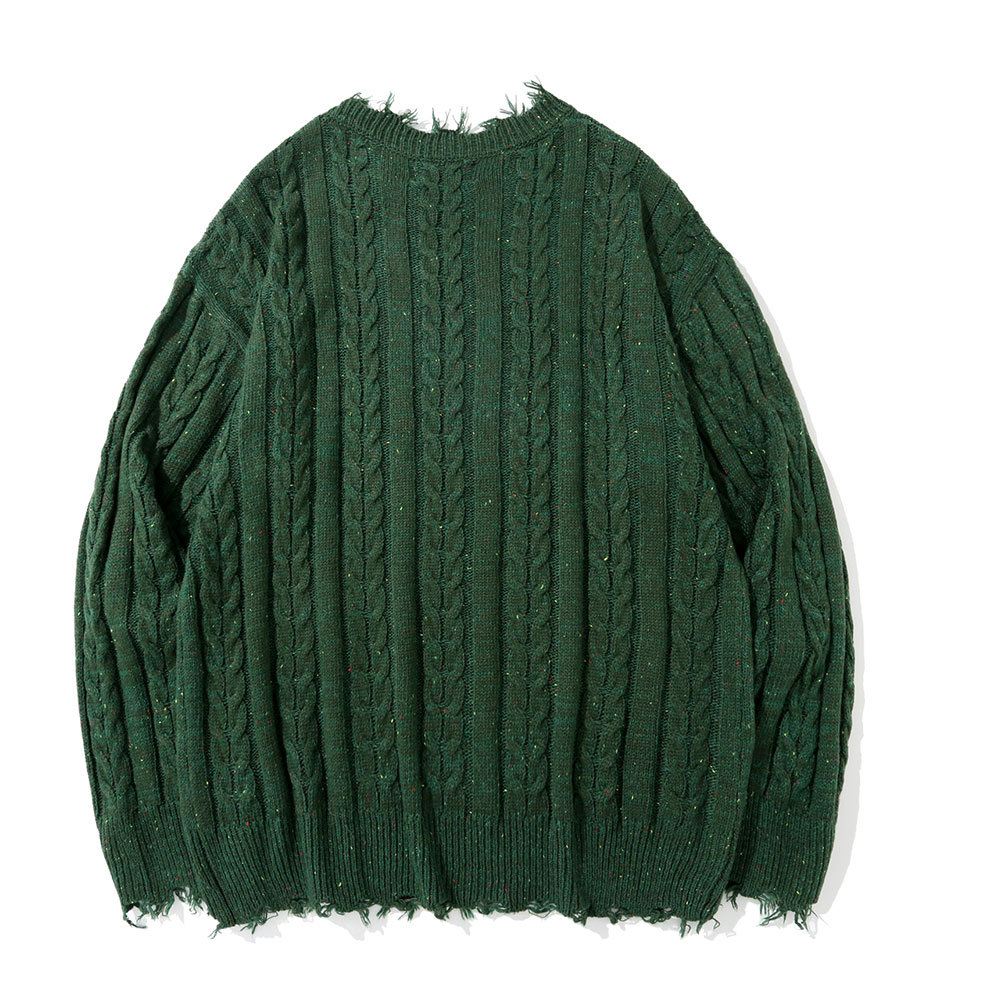 Men's solid color jacquard twist torn sweater slouchy crew-neck sweater street pullover base