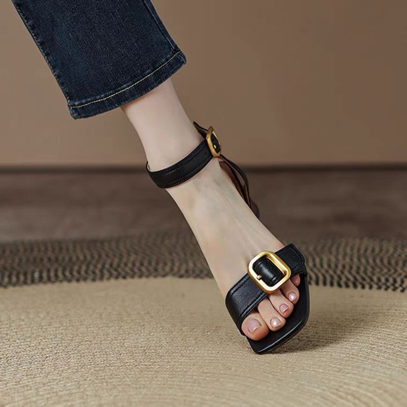 Metal High Heels Summer Square Toe for Women Vintage Buckle Lady Sandals Mid Heel Female Pumps_voghion.com