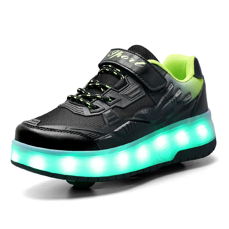 Kinderen Twee Wielen Lichtgevende Gloeiende Sneakers Zwart Roze Licht Roller Skate Kinderen Led Schoenen Jongens Meisjes USB Opladen_voghion.com