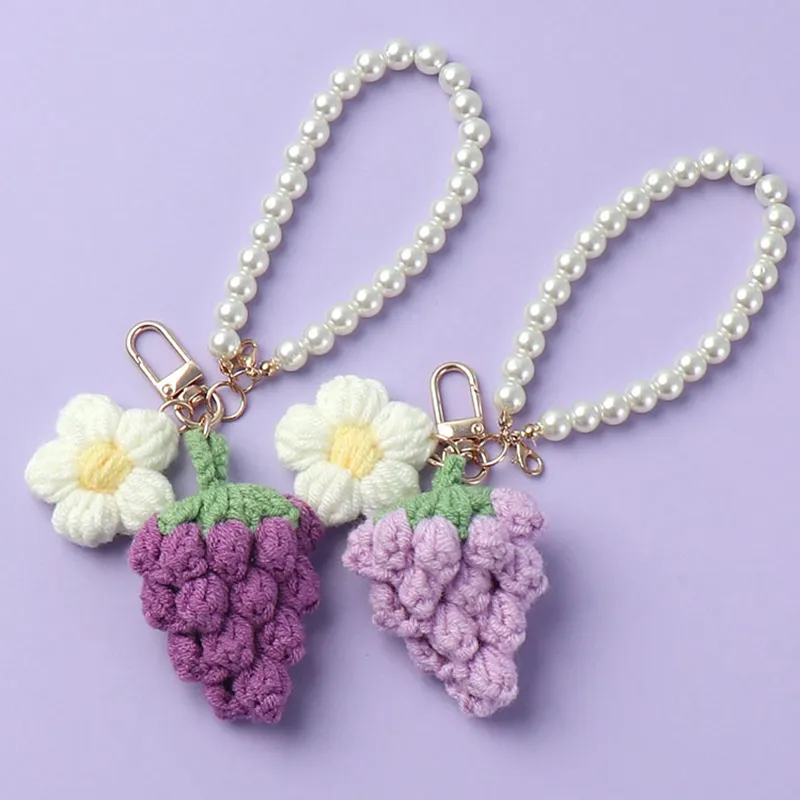 Portachiavi alla moda, nuovo, in lana, a forma di uva, fatto a mano all'uncinetto, con ciondolo rifinito, per borsa da donna._voghion.com