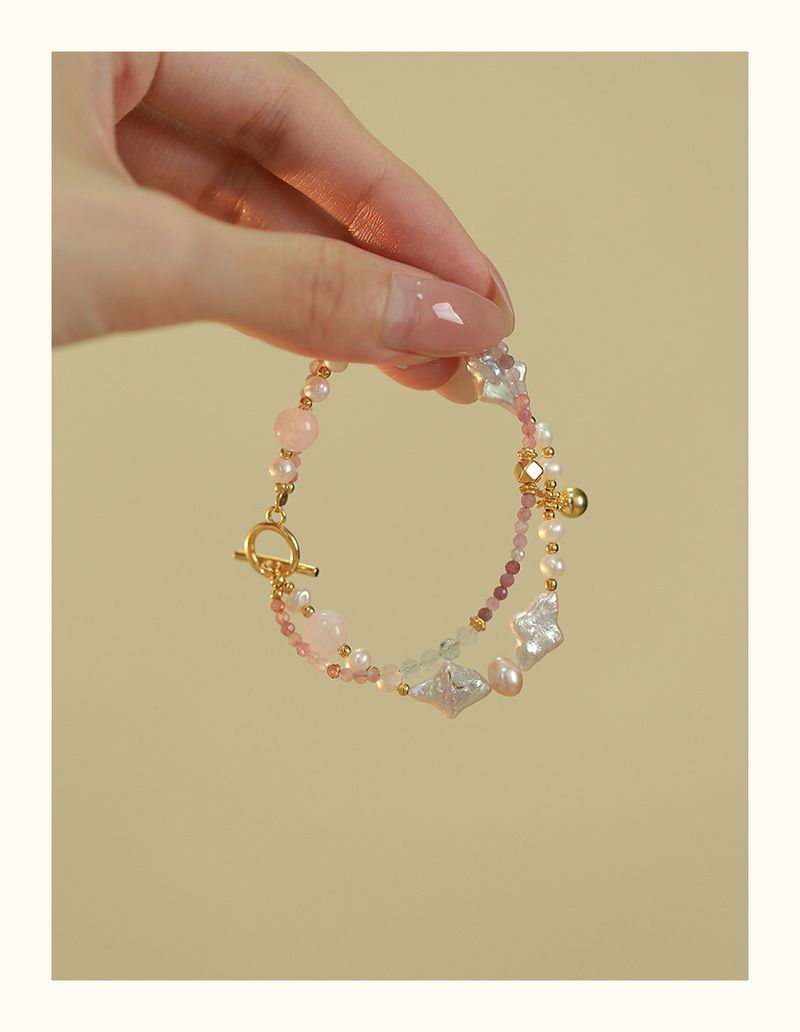 Braccialetto alla moda barocco da donna francese irregolare esotica con perle a doppio strato e fibbia OT in tormalina rosa_voghion.com