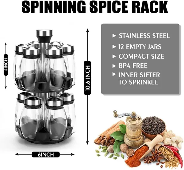 12 Glass Jar Bottles Set Revolving Spice Rack Organizer Storage For Kitchen, Spice Stand Holder, Spinning Countertop Herb And Spice Rack Organizer W_voghion.com