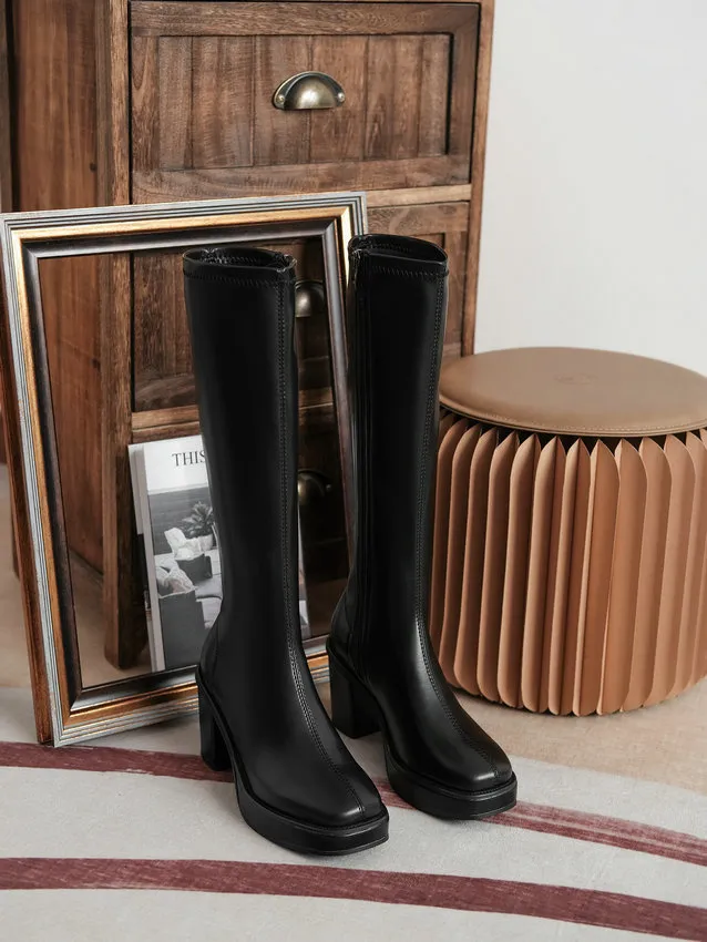 Knee Boots Heel Women's Square Below 2024 Winter Solid Color Fashion Warm Women Shoes Comfortable With Side Z 55_voghion.com