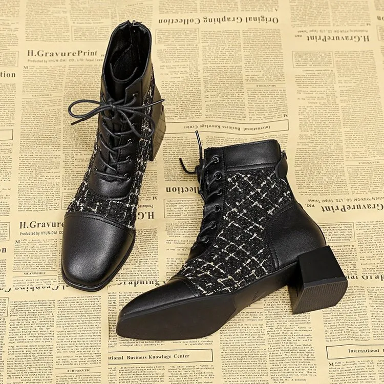 Stivali da donna alla moda con tacco alto, allacciati sul retro, con cerniera, a quadri con mille uccelli, spessi e quadrati, versatili_voghion.com