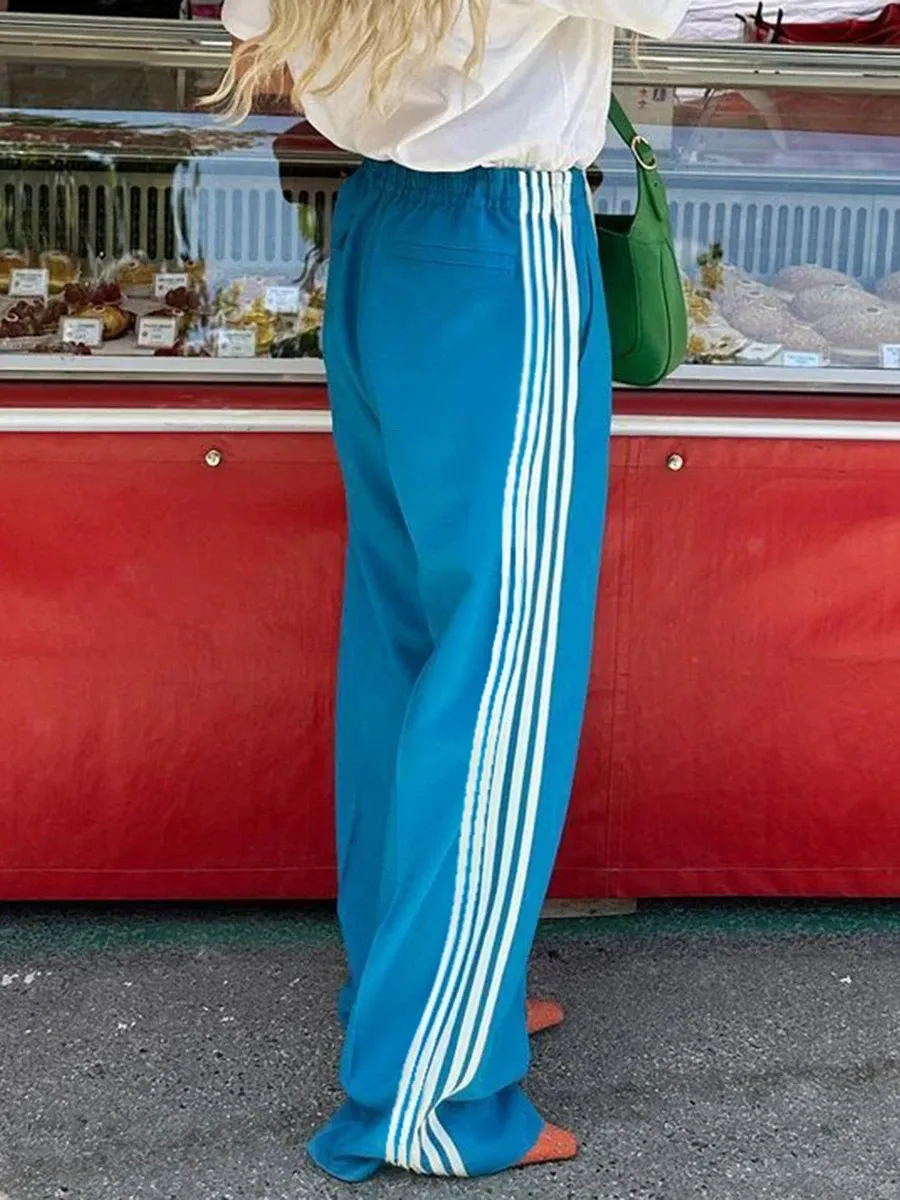 Women Y2k Wide Leg Track Pants Baggy Side Striped Joggers Sweatpants Elastic Waist Color Block Parachute With Pockets_voghion.com