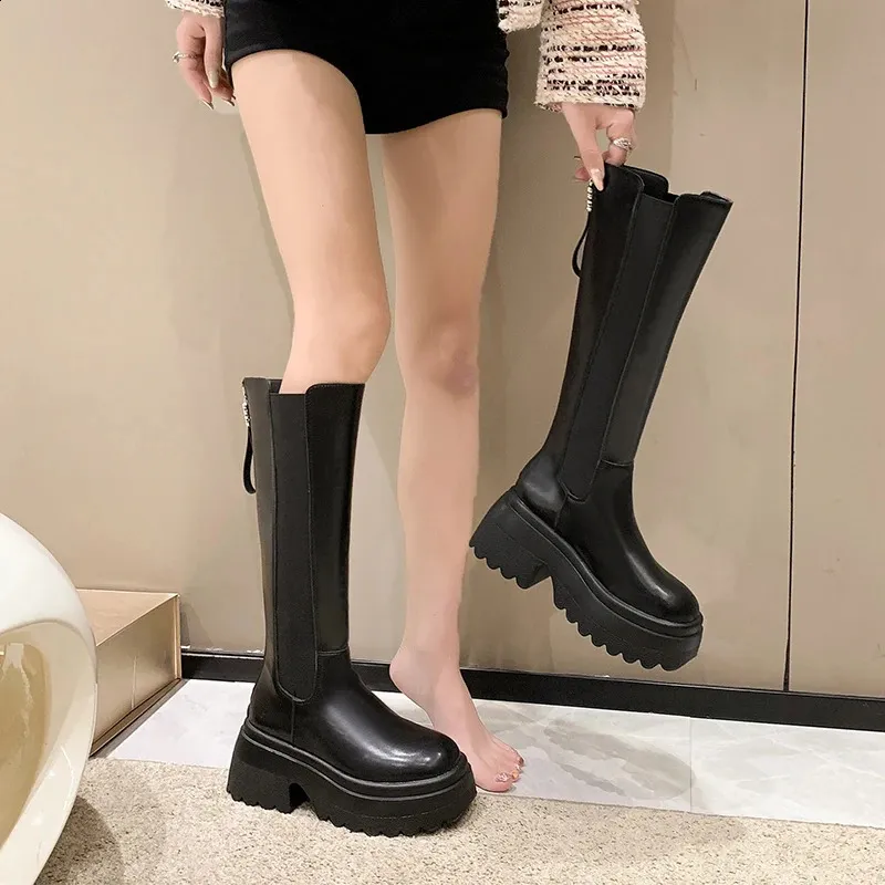 Platform Knee-high Boots For Women Leather Winter Motorcycle Style_voghion.com
