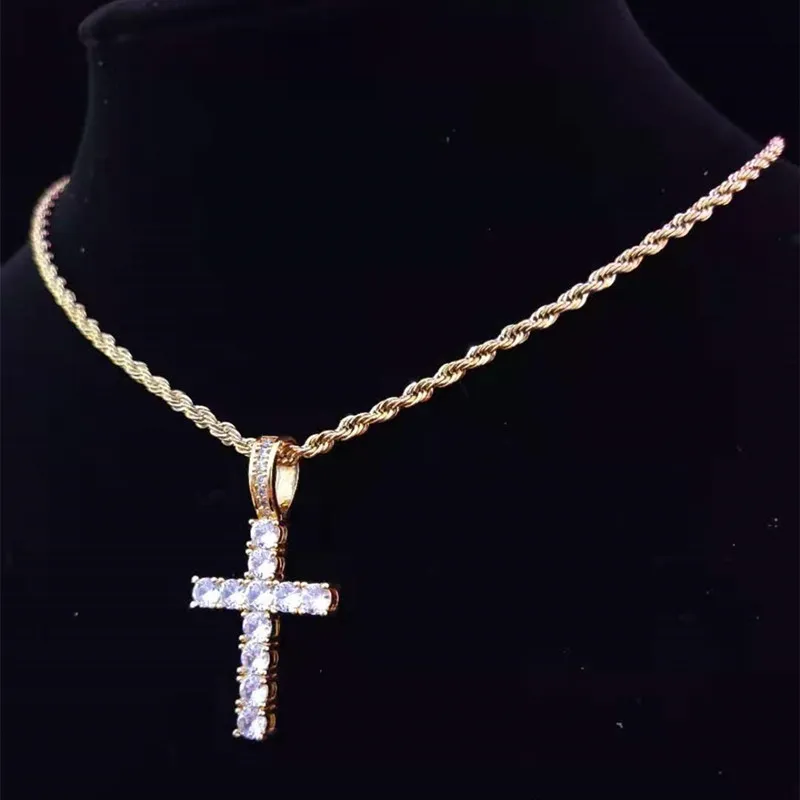 Colares com pingentes Homens Mulheres Hip Hop Cruz Colar com 4mm Zircon Tennis Chain Iced Out Bling HipHop Jóias Moda_voghion.com