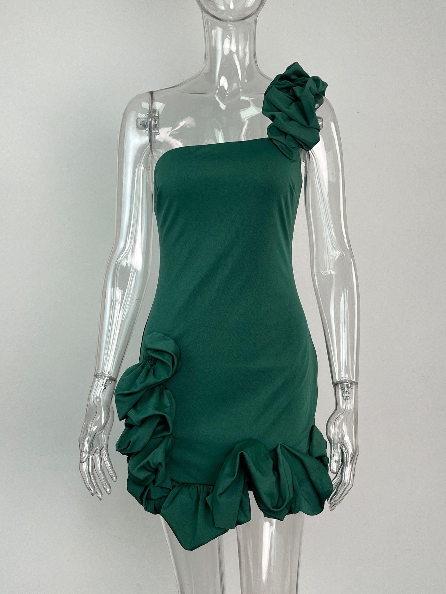 Robe d'été pour femmes, robe à volants à la taille avec boutons floraux, bandeau à une épaule, jupe de hanche_voghion.com