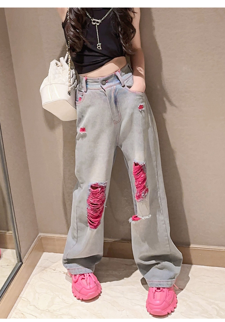 Mère et enfants filles jeans déchirés été mince enfants coréens pantalons longs droits à la mode pantalons larges lâches et à la mode tendance_voghion.com