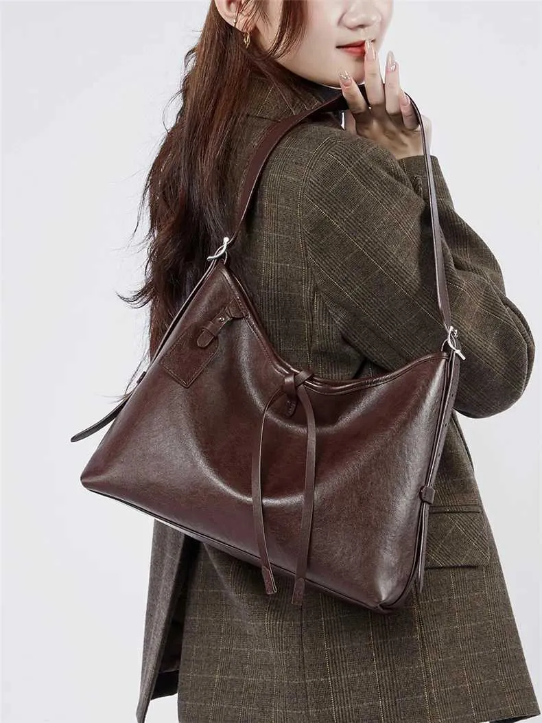 Toptrends Vintage Echtes Leder Große Unterarm Schulter Taschen Für Frauen 2024 Designer Einfache Weibliche Tote Hobo Damen_voghion.com
