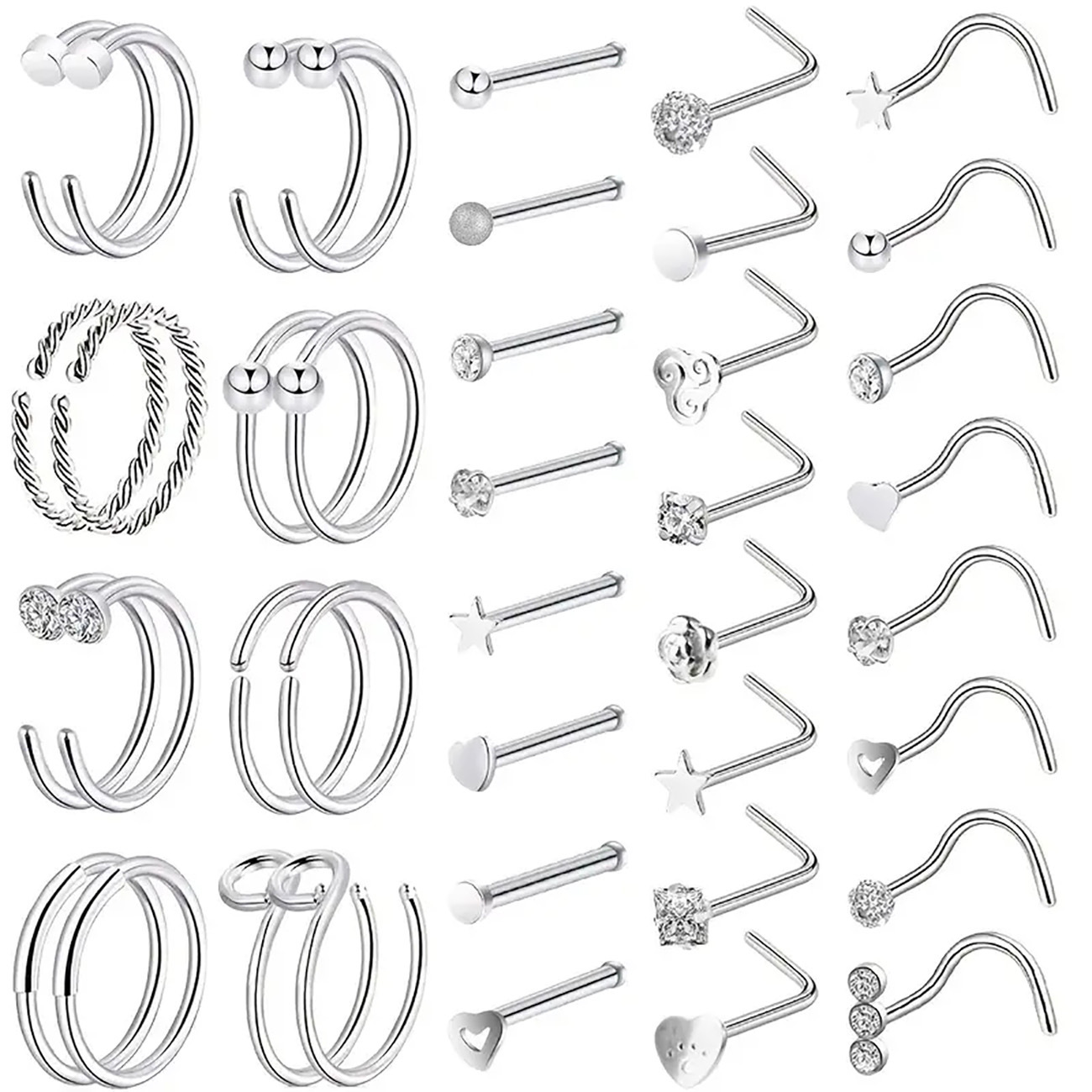 Stainless Steel Nose Nail 40 Pieces Set Piercing Nose Ring C Shape U Shape Men And Women Combination Titanium Steel Jewelry