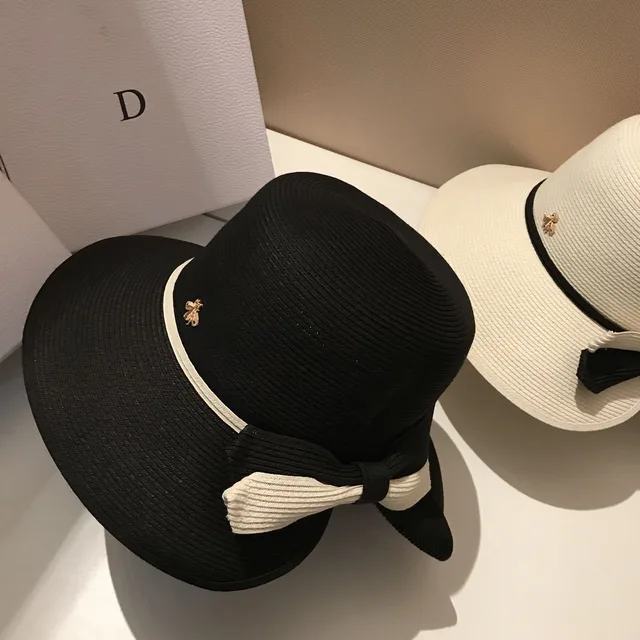 Pălărie de soare cu paie, elegantă, cu fundă, drăguță, pentru plajă, în aer liber, pentru călătorii, vară, albinuță mică, mare, cu protecție UV_voghion.com