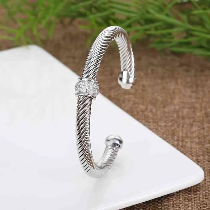 Cable Bangle Bracelet With Zircon For Women Silver Classics_voghion.com