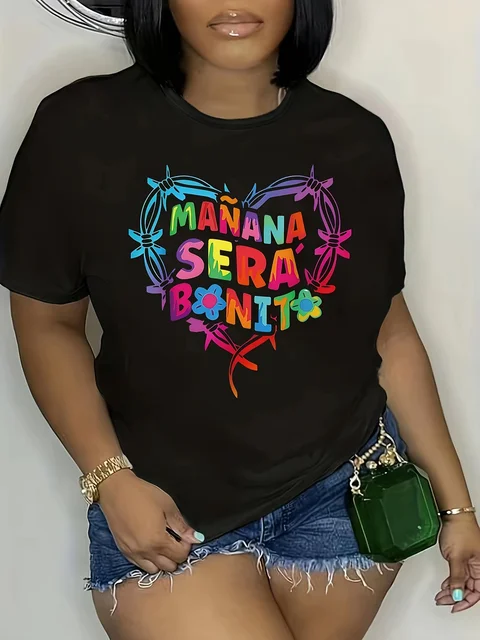 Heißes T-Shirt mit Herz-Blumen-Buchstaben-Aufdruck, lässiges Kurzarm-Oberteil für Frühling und Sommer, Damenbekleidung in Übergröße_voghion.com