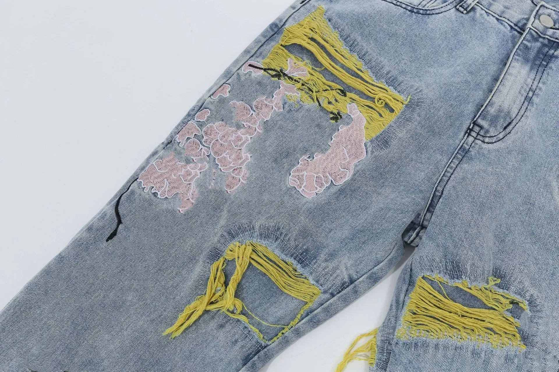 Herrenjeans übergroßer Designer-Denim Bestickte zerrissene Jeans High Street Loch Hose mit weitem Bein Freizeitkleidung Hose_voghion.com