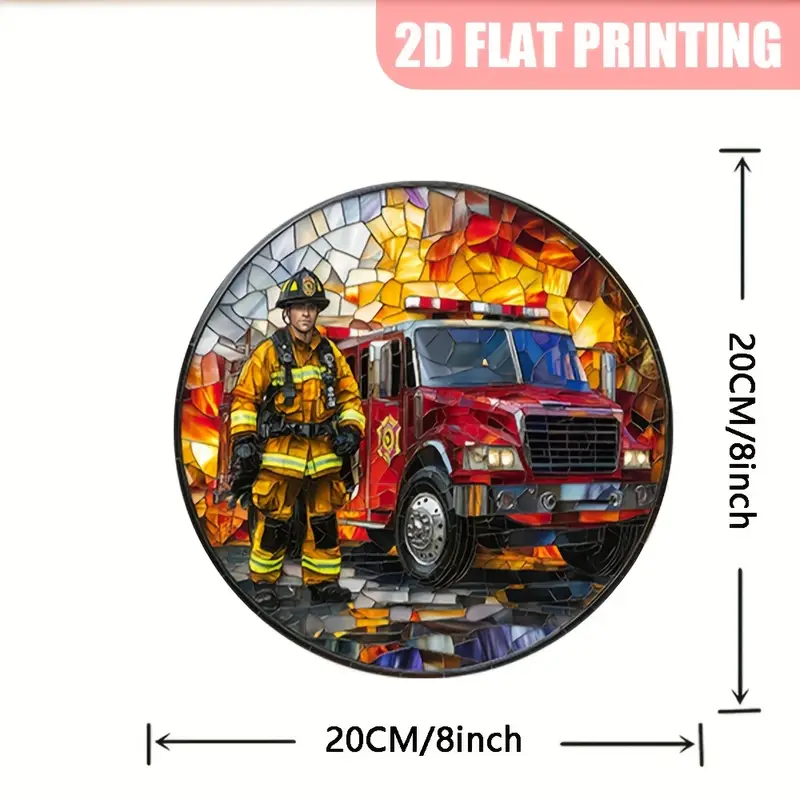 8x8in Firefighter Stained Glass Wall Art - Vibrant Fire Truck Acrylic Decor For Home & Garden - Perfect Gift For First Responders_voghion.com